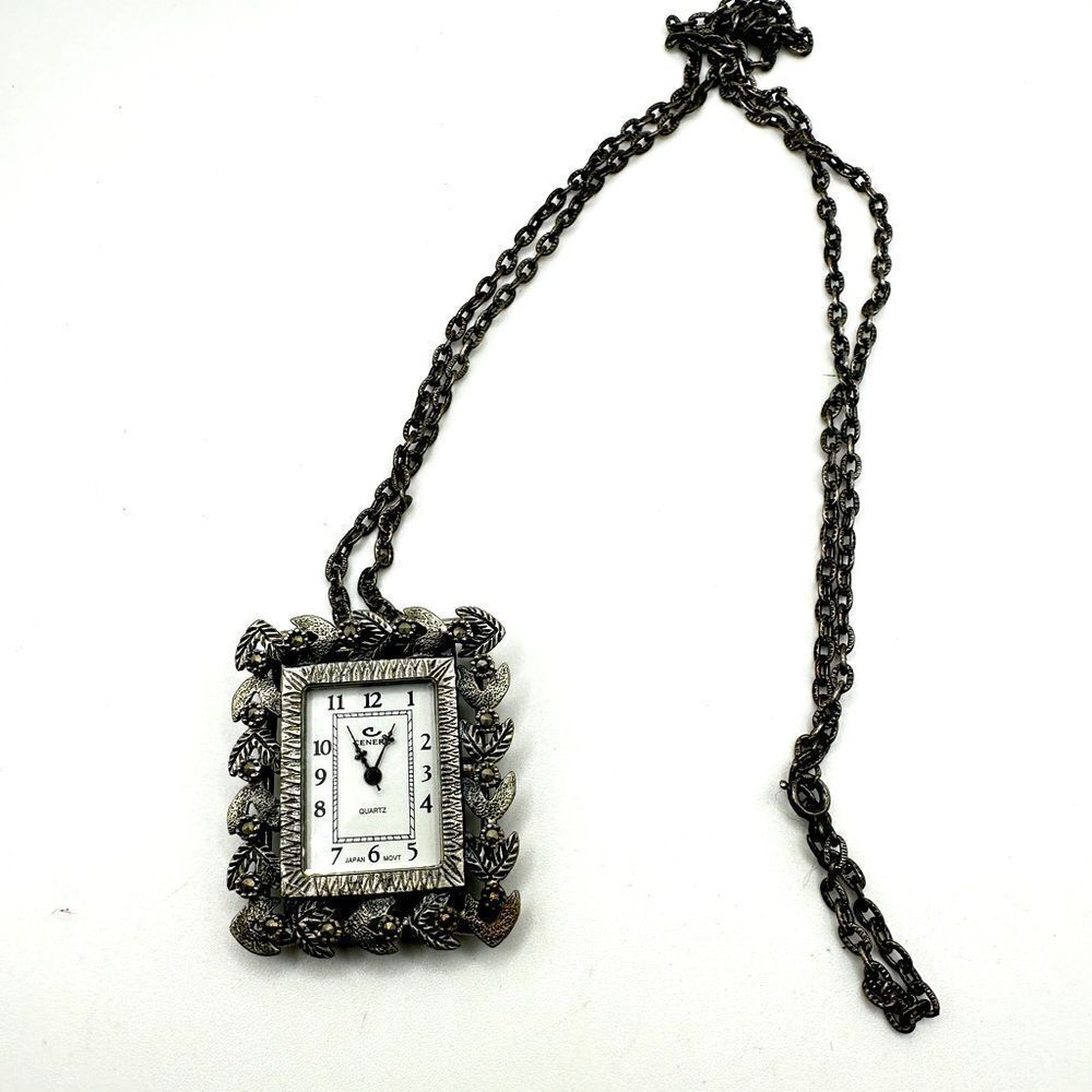 Vintage Cenere Art Deco‎ Pendant/necklace/watch with Marcasite in pewter tone!
